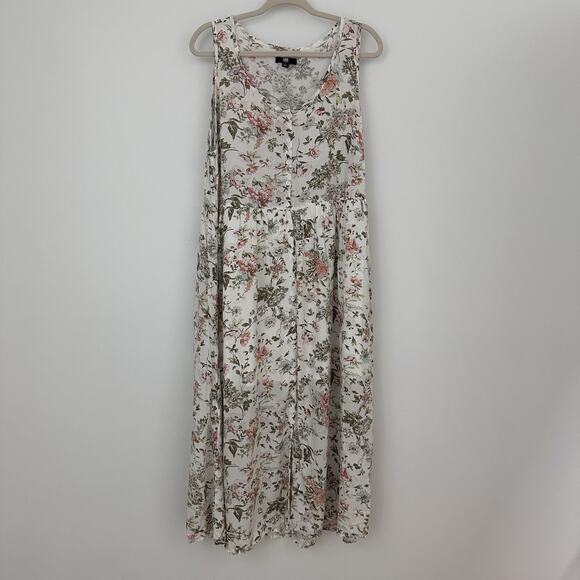 Frye Womens XL Cream Button Front Midi Dress Folk Garden Cottagecore Peasant - Picture 3 of 8